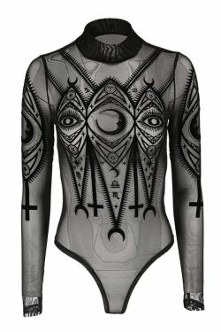 Gothic Mesh Long Sleeve Bodysuit - Y2K Grunge, 90s Fashion, Retro Style, Y2K Party Outfit
