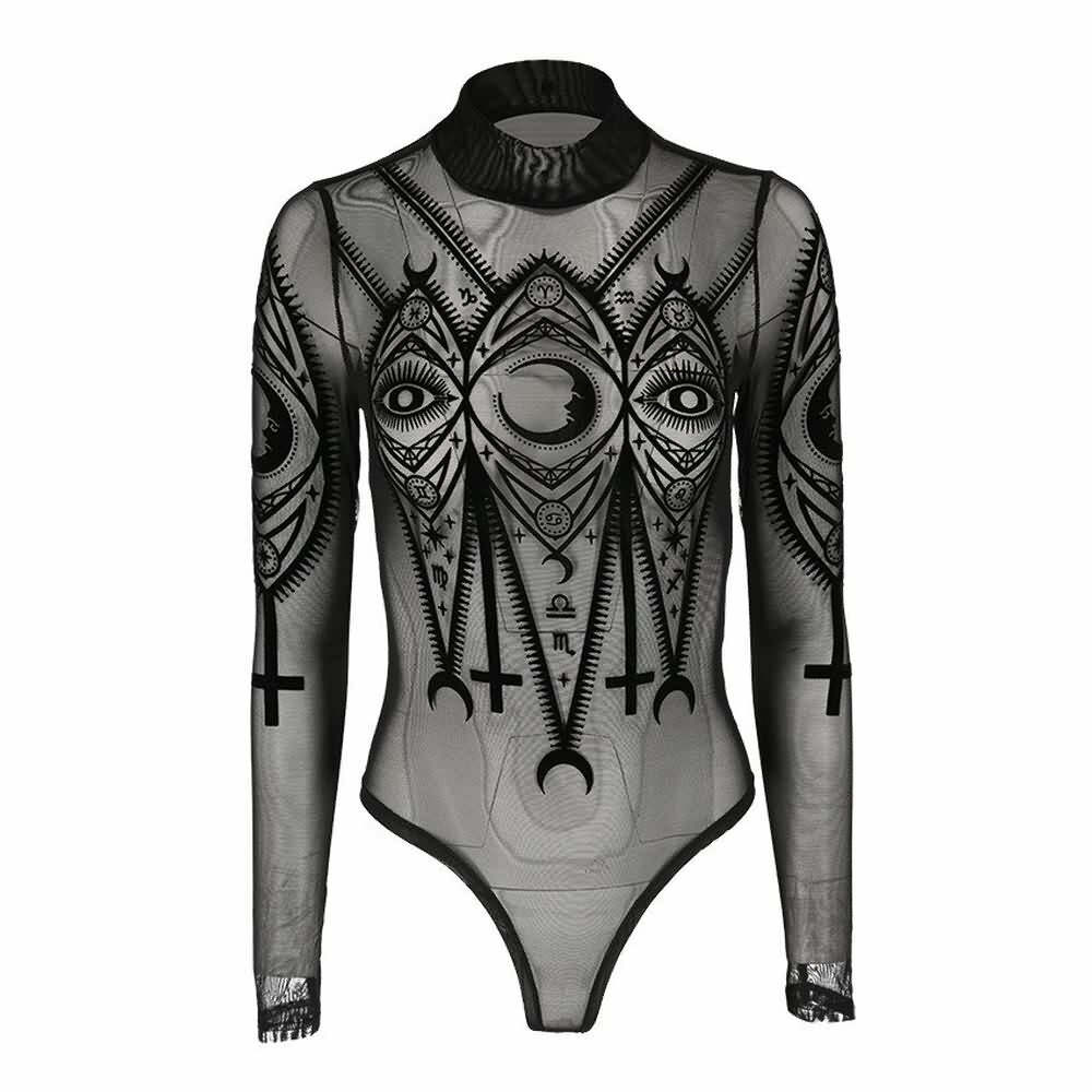 Gothic Mesh Long Sleeve Bodysuit - Y2K Grunge, 90s Fashion, Retro Style, Y2K Party Outfit