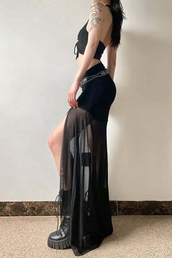 Gothic Mesh Ruched Slit Maxi Skirt - Y2K Grunge, 90s Fashion, Retro Summer Outfit