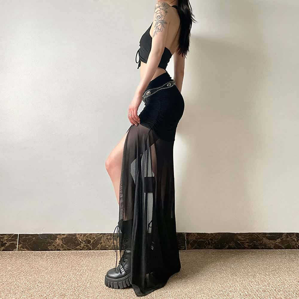 Gothic Mesh Ruched Slit Maxi Skirt - Y2K Grunge, 90s Fashion, Retro Summer Outfit