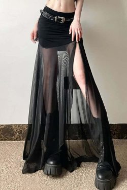 Gothic Mesh Ruched Slit Maxi Skirt - Y2K Grunge, 90s Fashion, Retro Summer Outfit