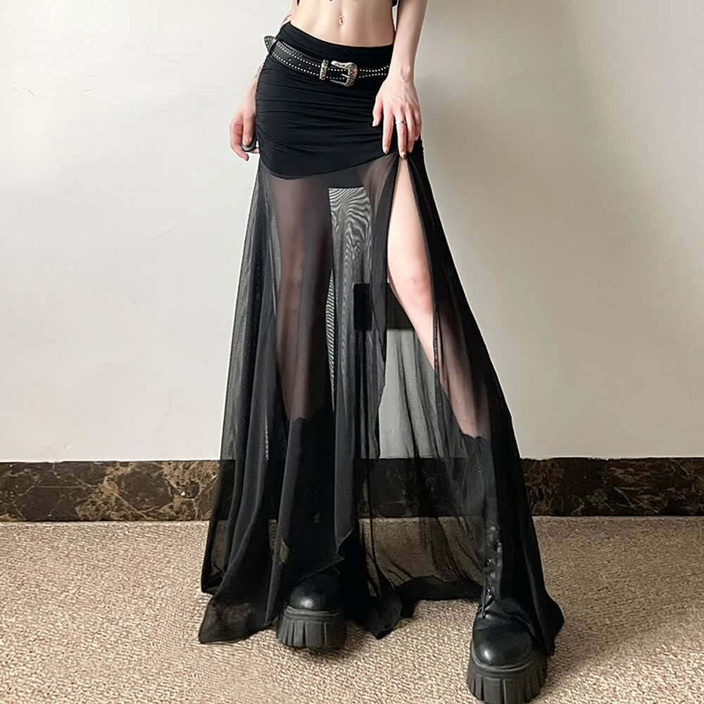 Gothic Mesh Ruched Slit Maxi Skirt - Y2K Grunge, 90s Fashion, Retro Summer Outfit