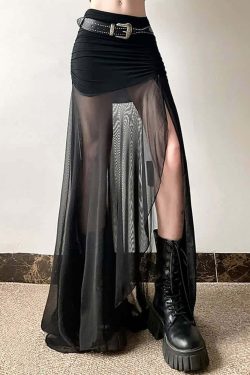 Gothic Mesh Ruched Slit Maxi Skirt - Y2K Grunge, 90s Fashion, Retro Summer Outfit
