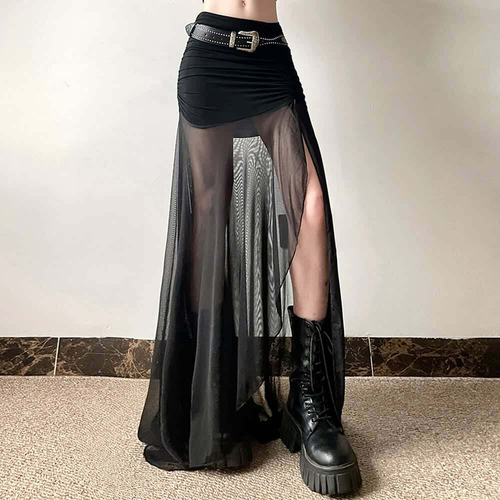 Gothic Mesh Ruched Slit Maxi Skirt - Y2K Grunge, 90s Fashion, Retro Summer Outfit