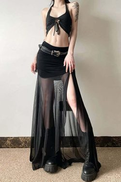 Gothic Mesh Ruched Slit Maxi Skirt - Y2K Grunge, 90s Fashion, Retro Summer Outfit