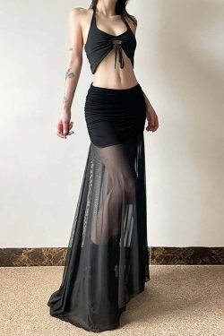 Gothic Mesh Ruched Slit Maxi Skirt - Y2K Grunge, 90s Fashion, Retro Summer Outfit