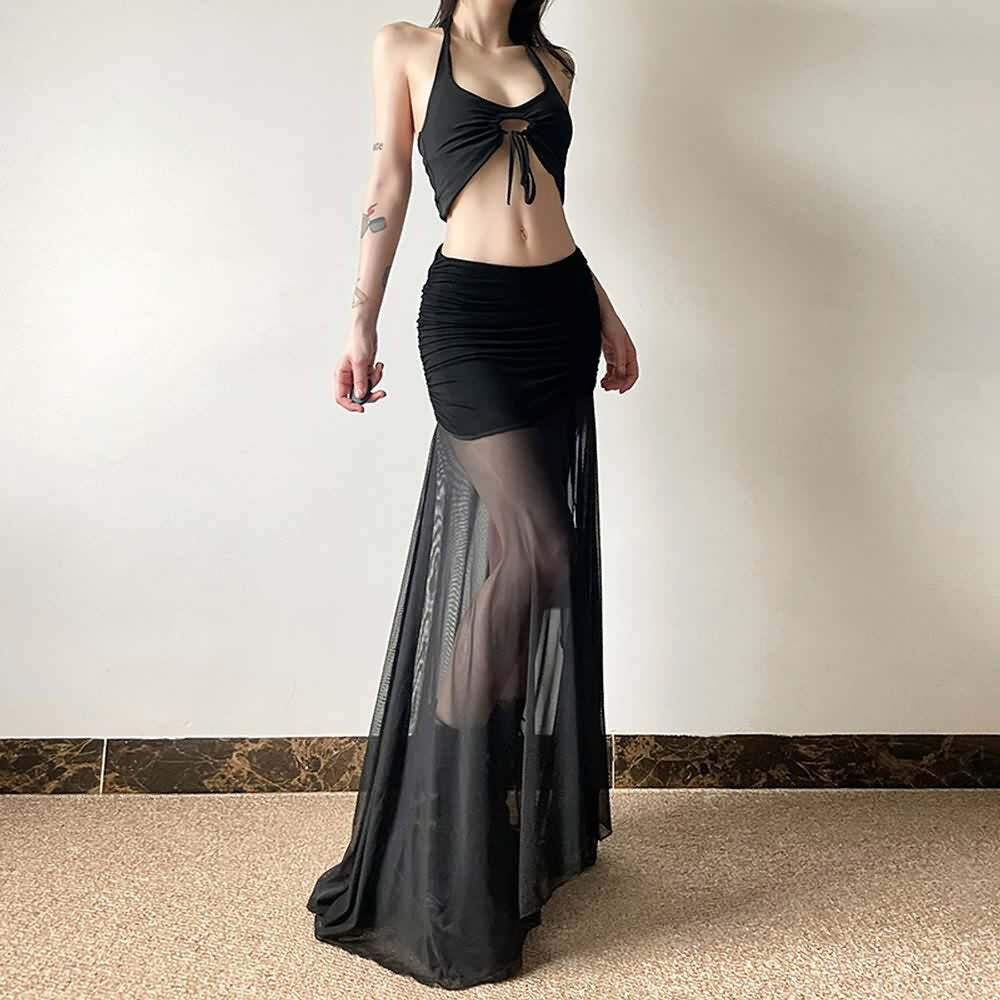 Gothic Mesh Ruched Slit Maxi Skirt - Y2K Grunge, 90s Fashion, Retro Summer Outfit