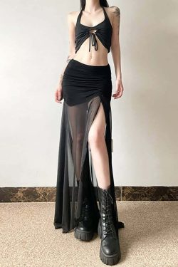Gothic Mesh Ruched Slit Maxi Skirt - Y2K Grunge, 90s Fashion, Retro Summer Outfit