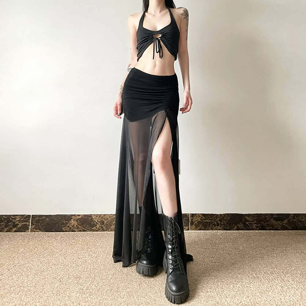 Gothic Mesh Ruched Slit Maxi Skirt - Y2K Grunge, 90s Fashion, Retro Summer Outfit