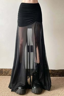 Gothic Mesh Ruched Slit Maxi Skirt - Y2K Grunge, 90s Fashion, Retro Summer Outfit
