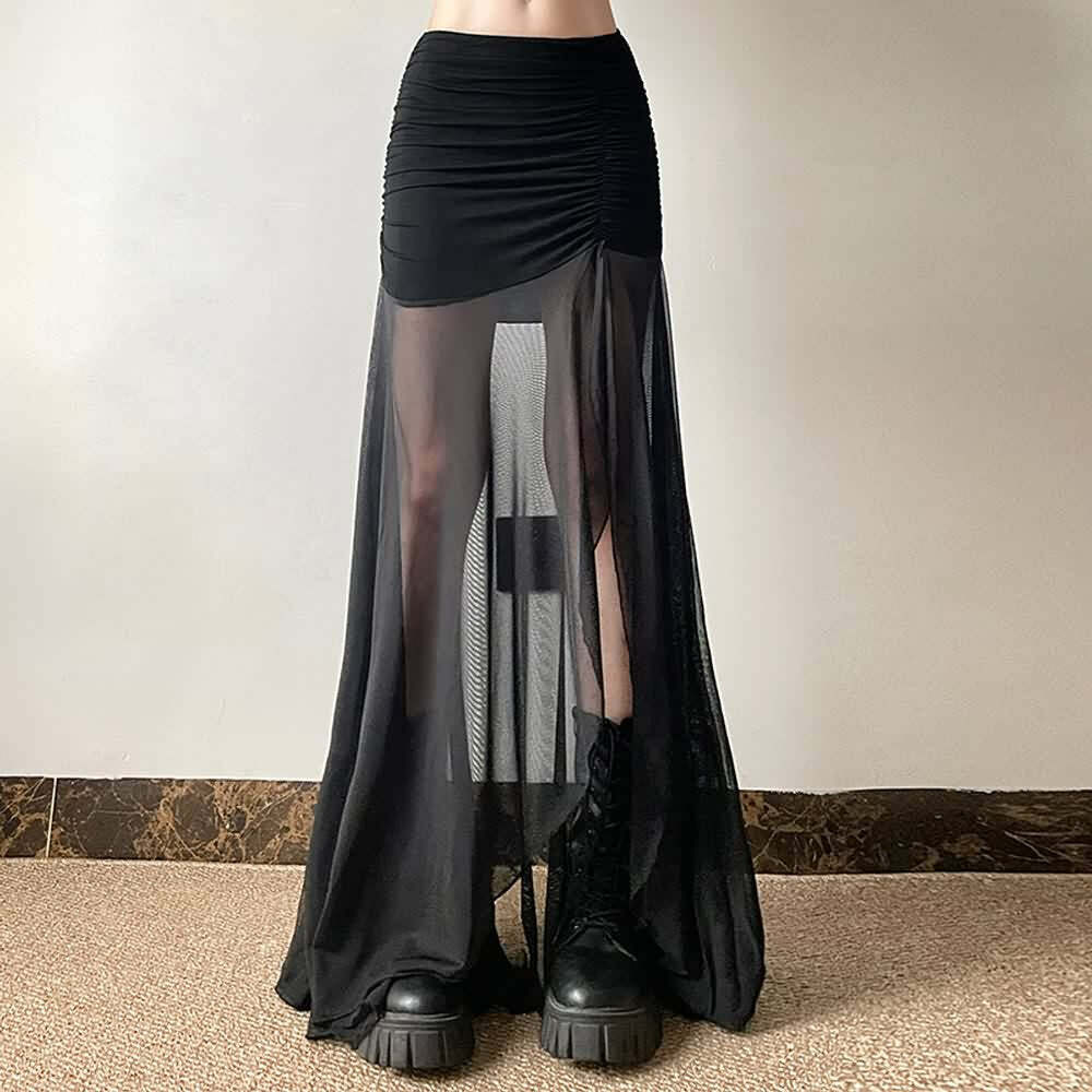 Gothic Mesh Ruched Slit Maxi Skirt - Y2K Grunge, 90s Fashion, Retro Summer Outfit