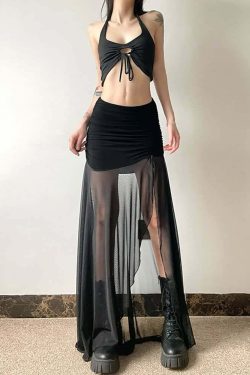 Gothic Mesh Ruched Slit Maxi Skirt - Y2K Grunge, 90s Fashion, Retro Summer Outfit