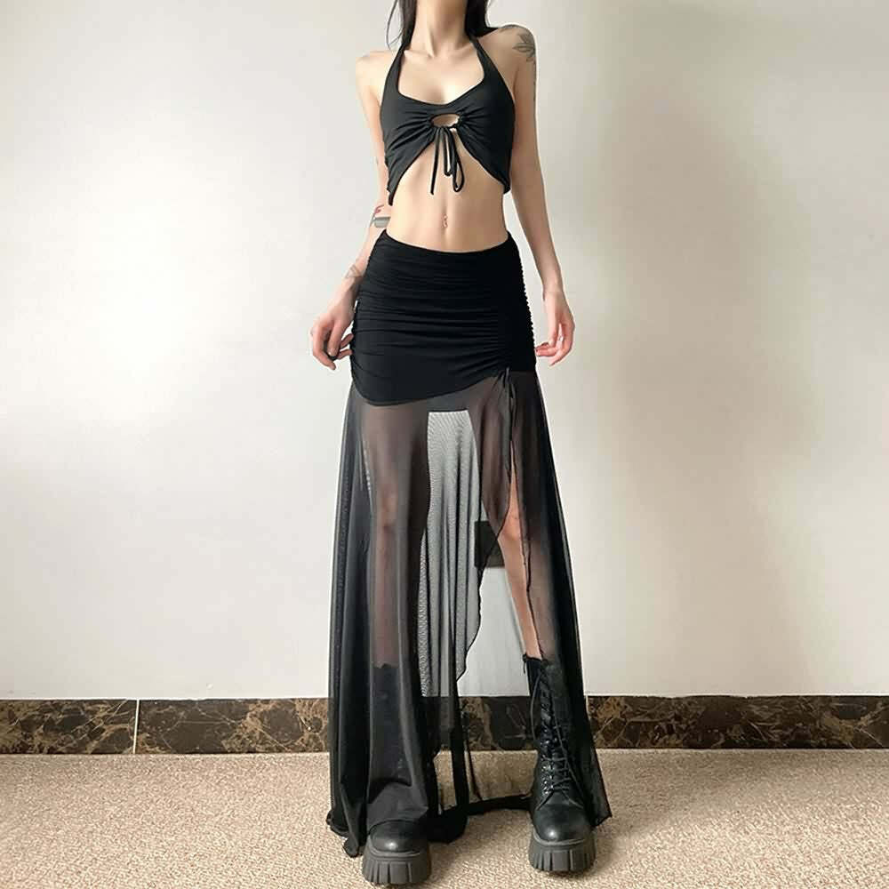 Gothic Mesh Ruched Slit Maxi Skirt - Y2K Grunge, 90s Fashion, Retro Summer Outfit