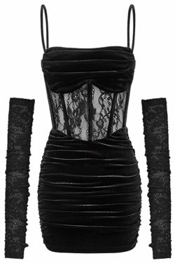 Gothic Mesh Velvet Cami Mini Dress - Y2K Grunge, 90s Fashion, Retro Style, Pastel Goth Outfit