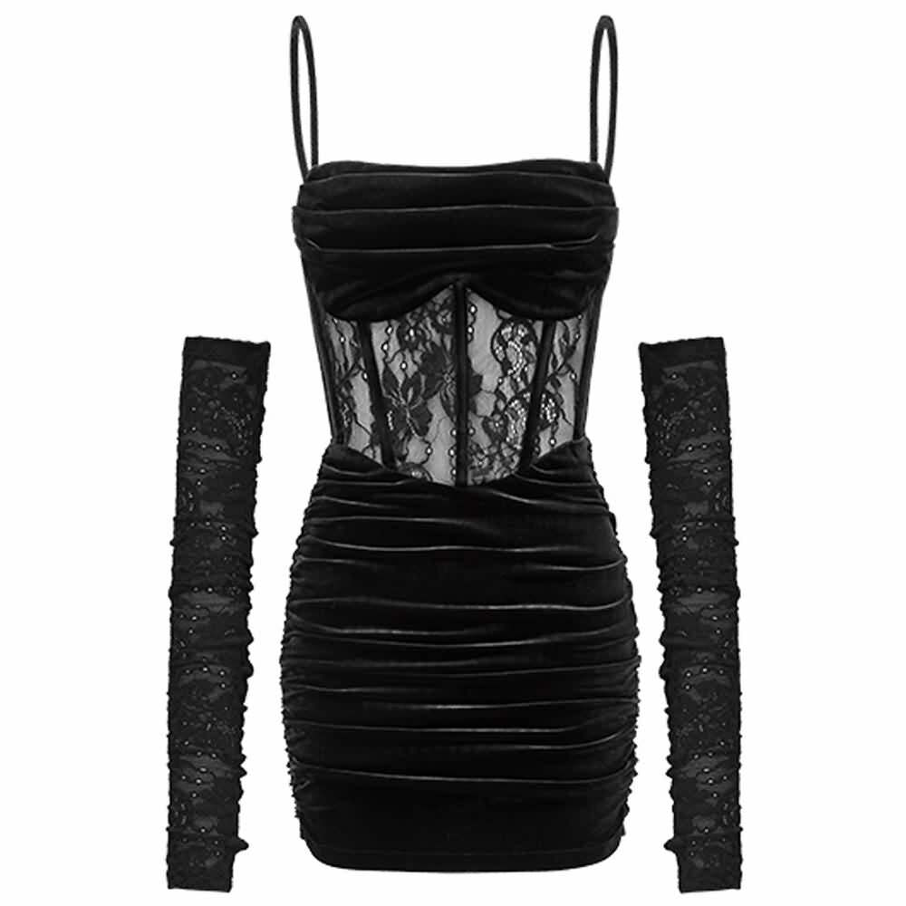 Gothic Mesh Velvet Cami Mini Dress - Y2K Grunge, 90s Fashion, Retro Style, Pastel Goth Outfit