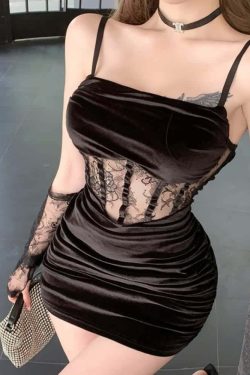 Gothic Mesh Velvet Cami Mini Dress - Y2K Grunge, 90s Fashion, Retro Style, Pastel Goth Outfit