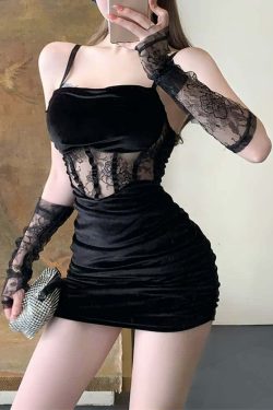Gothic Mesh Velvet Cami Mini Dress - Y2K Grunge, 90s Fashion, Retro Style, Pastel Goth Outfit