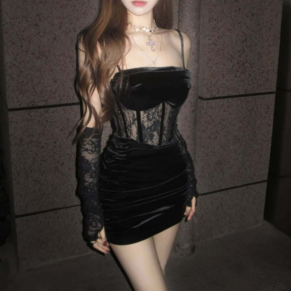 Gothic Mesh Velvet Cami Mini Dress - Y2K Grunge, 90s Fashion, Retro Style, Pastel Goth Outfit