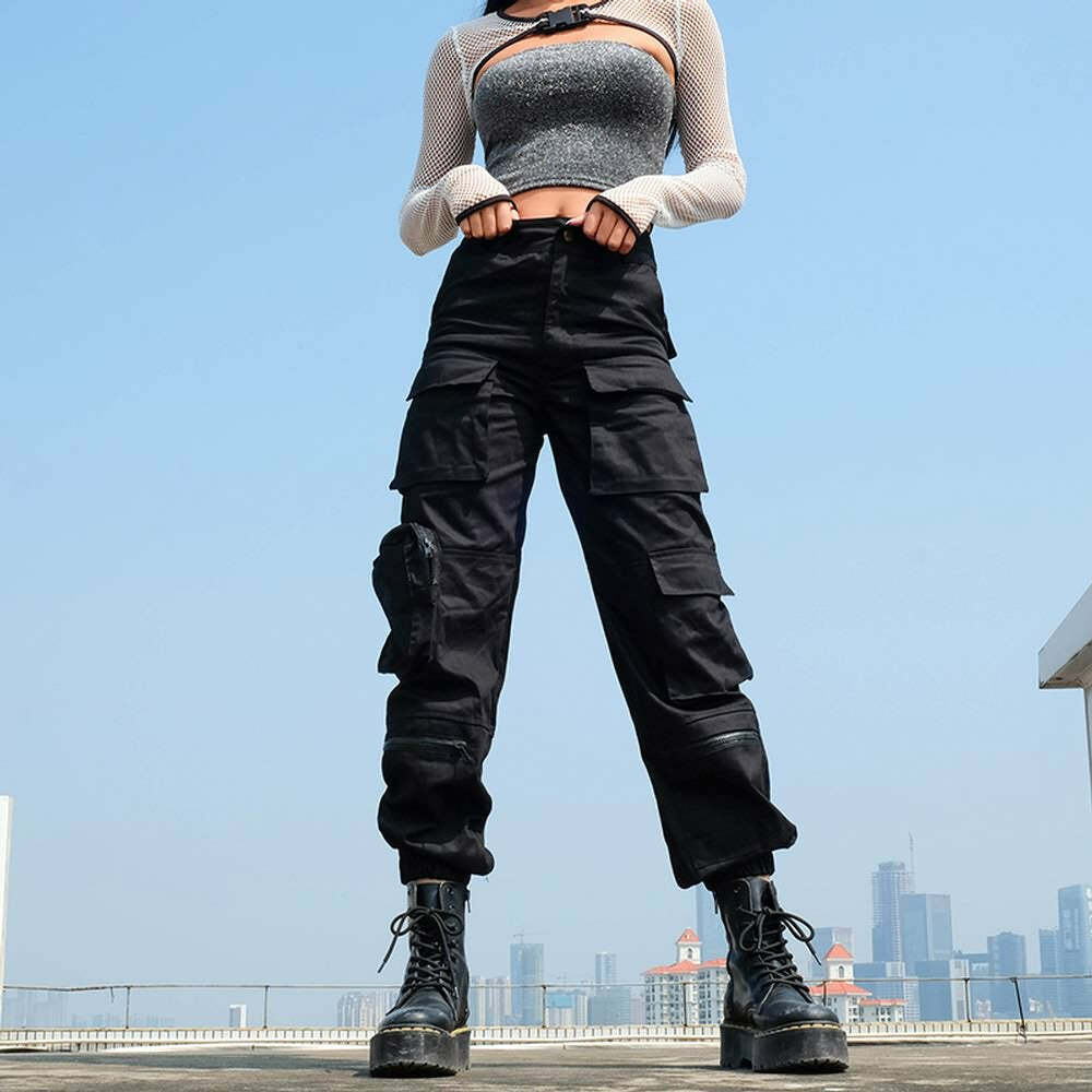Gothic Noir Cargo Pants - Y2K Grunge, 90s Fashion, Retro Style, Summer Y2K Outfits