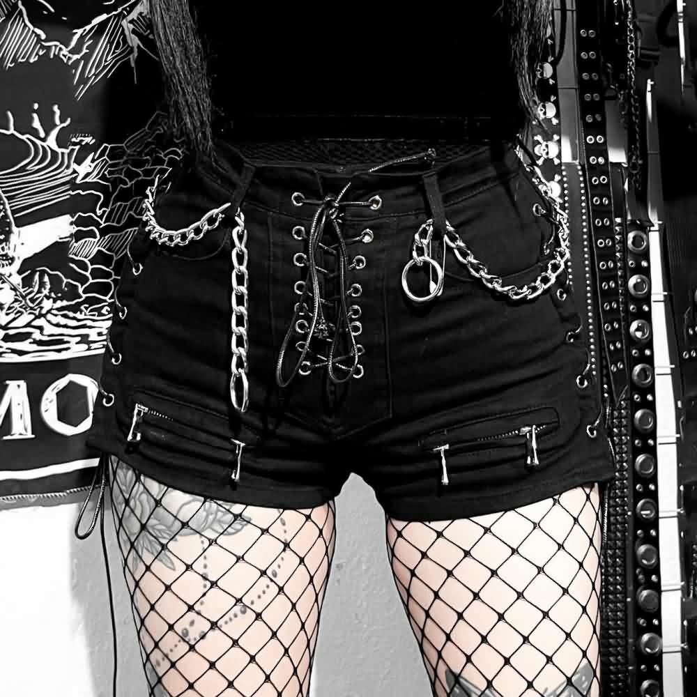 Gothic Noir Lace Up Denim Shorts - Y2K Grunge Summer Outfit, 90s Retro Fashion, Y2K Club Style
