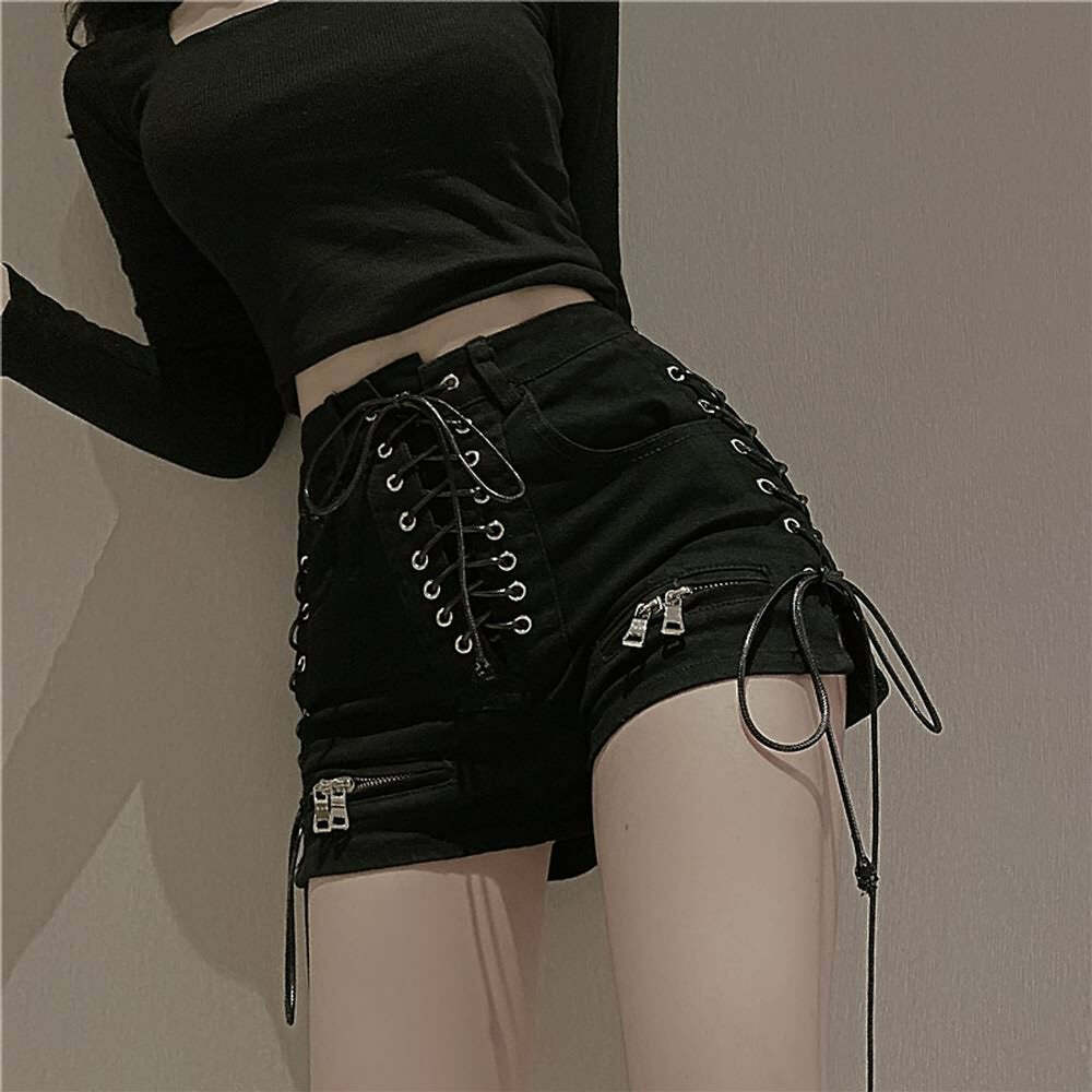 Gothic Noir Lace Up Denim Shorts - Y2K Grunge Summer Outfit, 90s Retro Fashion, Y2K Club Style