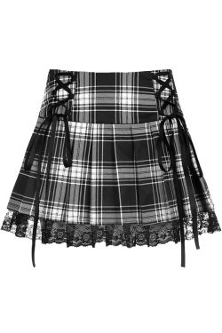 Gothic Plaid Skirt with Black White Lace Trim - Y2K Grunge, 90s Fashion, Retro Style