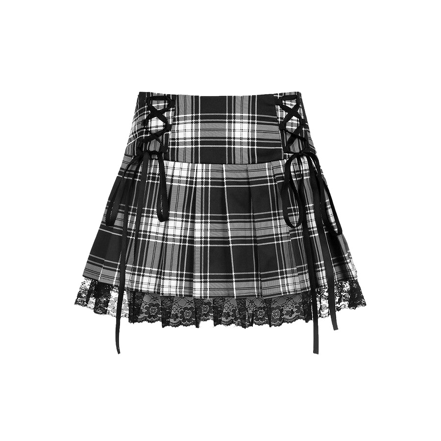 Gothic Plaid Skirt with Black White Lace Trim - Y2K Grunge, 90s Fashion, Retro Style