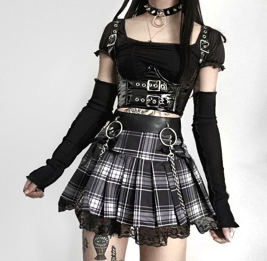 Gothic Plaid Skirt with Black White Lace Trim - Y2K Grunge, 90s Fashion, Retro Style