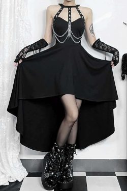 Gothic Punk Chain Halter Asymmetrical Dress - Y2K Grunge, 90s Fashion, Retro Summer Outfit