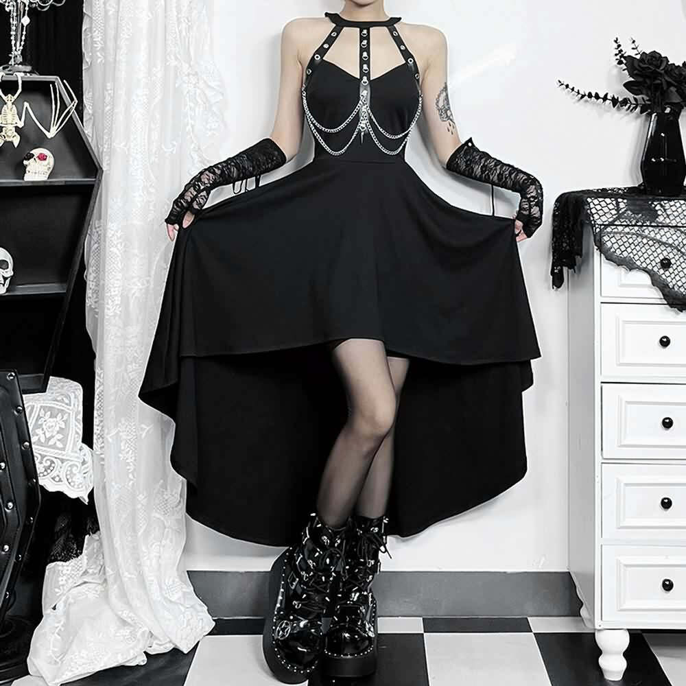 Gothic Punk Chain Halter Asymmetrical Dress - Y2K Grunge, 90s Fashion, Retro Summer Outfit