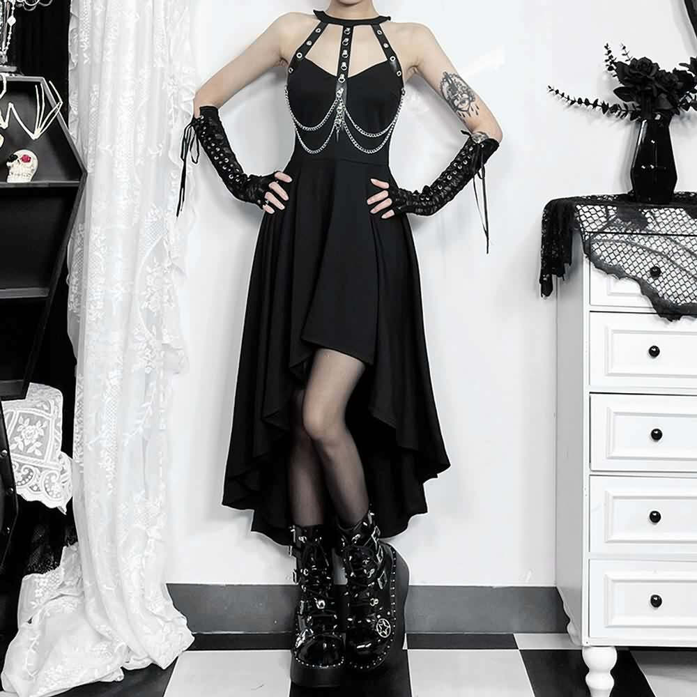 Gothic Punk Chain Halter Asymmetrical Dress - Y2K Grunge, 90s Fashion, Retro Summer Outfit