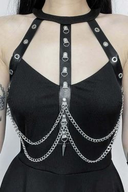 Gothic Punk Chain Halter Asymmetrical Dress - Y2K Grunge, 90s Fashion, Retro Summer Outfit