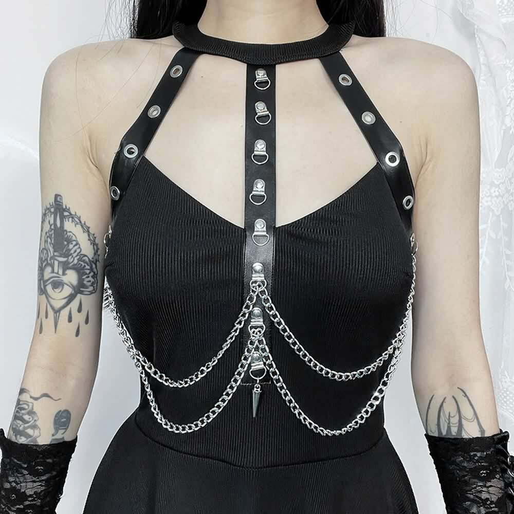 Gothic Punk Chain Halter Asymmetrical Dress - Y2K Grunge, 90s Fashion, Retro Summer Outfit