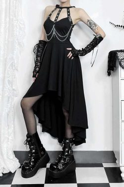 Gothic Punk Chain Halter Asymmetrical Dress - Y2K Grunge, 90s Fashion, Retro Summer Outfit