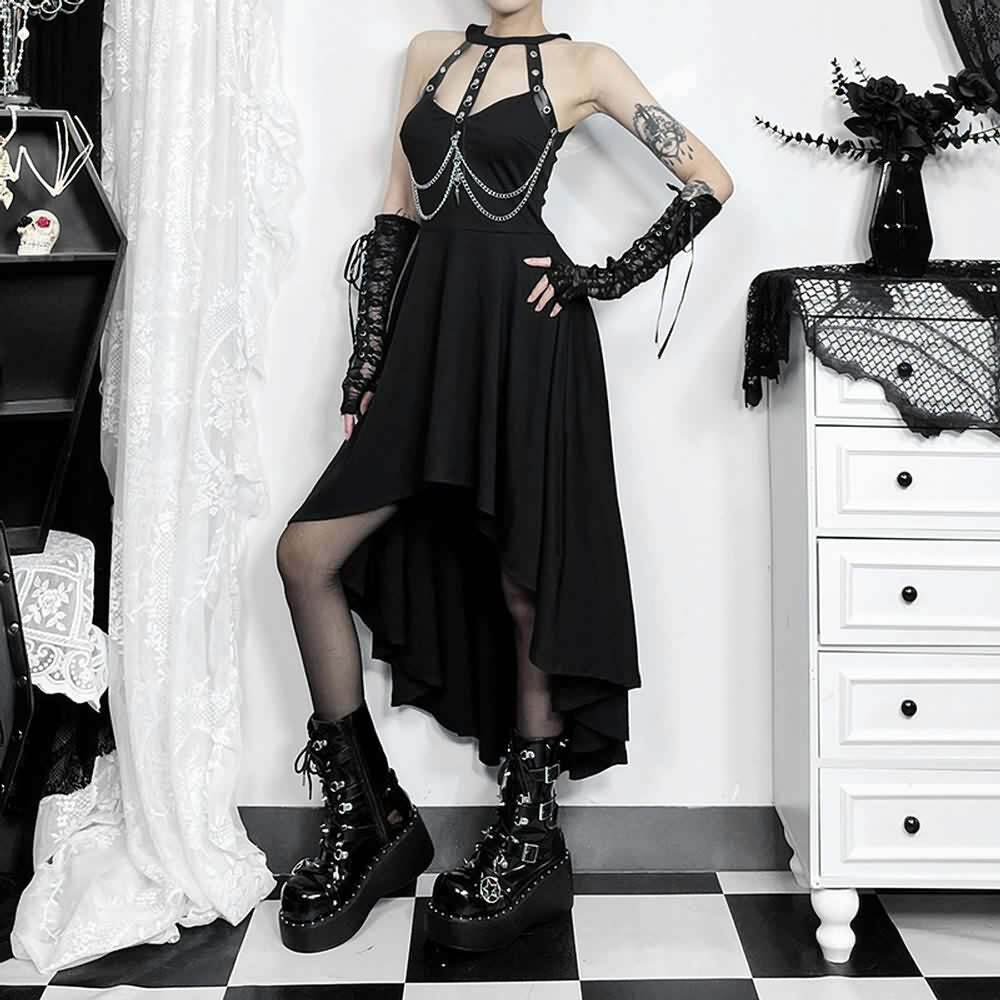 Gothic Punk Chain Halter Asymmetrical Dress - Y2K Grunge, 90s Fashion, Retro Summer Outfit
