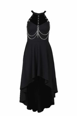 Gothic Punk Chain Halter Asymmetrical Dress - Y2K Grunge, 90s Fashion, Retro Summer Outfit