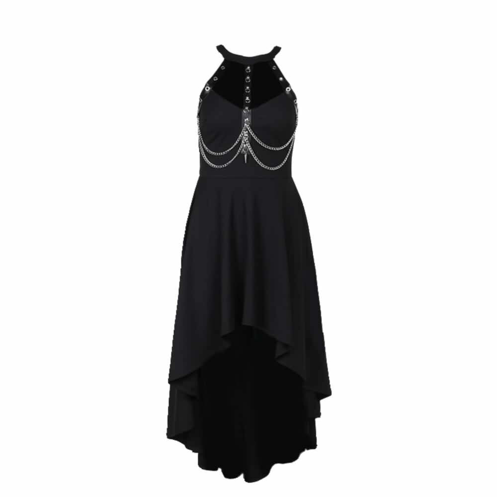 Gothic Punk Chain Halter Asymmetrical Dress - Y2K Grunge, 90s Fashion, Retro Summer Outfit