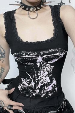 Gothic Punk Lace Trim Tank Top - Y2K Grunge, 90s Fashion, Retro Summer Outfits, Pastel Goth Style
