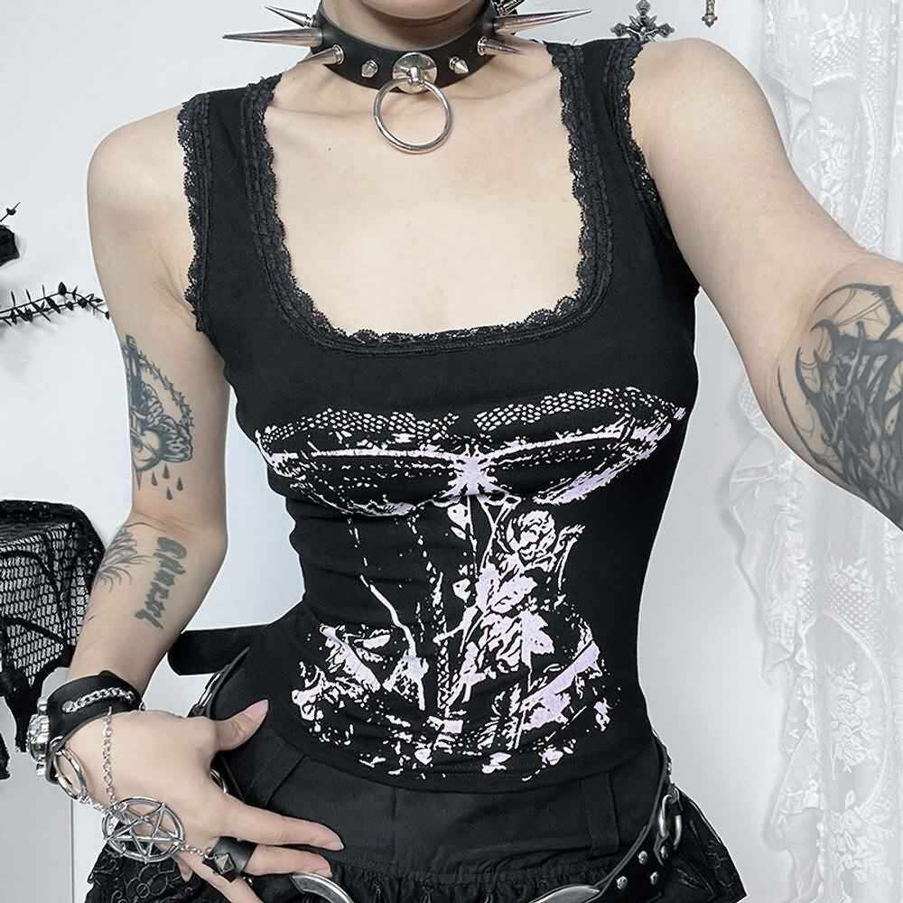 Gothic Punk Lace Trim Tank Top - Y2K Grunge, 90s Fashion, Retro Summer Outfits, Pastel Goth Style