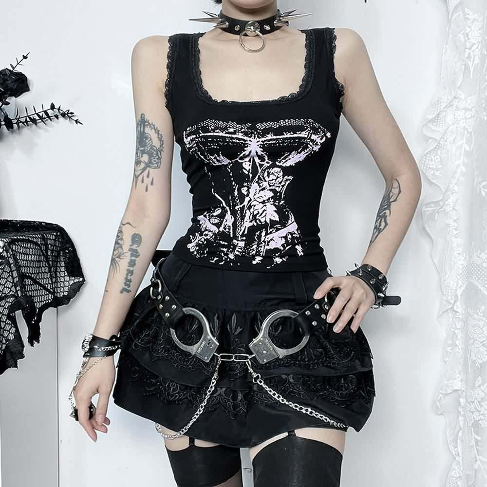 Gothic Punk Lace Trim Tank Top - Y2K Grunge, 90s Fashion, Retro Summer Outfits, Pastel Goth Style