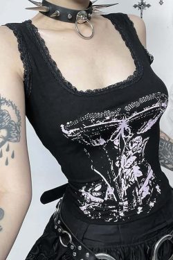 Gothic Punk Lace Trim Tank Top - Y2K Grunge, 90s Fashion, Retro Summer Outfits, Pastel Goth Style
