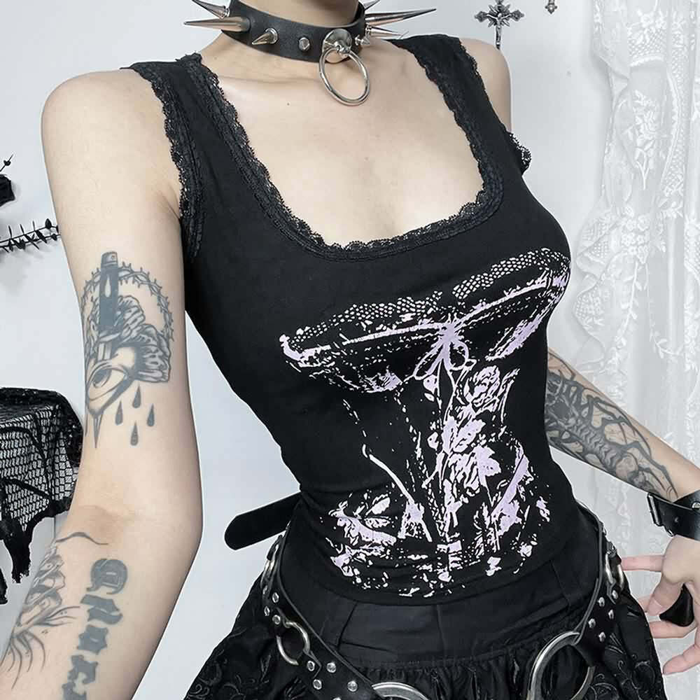 Gothic Punk Lace Trim Tank Top - Y2K Grunge, 90s Fashion, Retro Summer Outfits, Pastel Goth Style