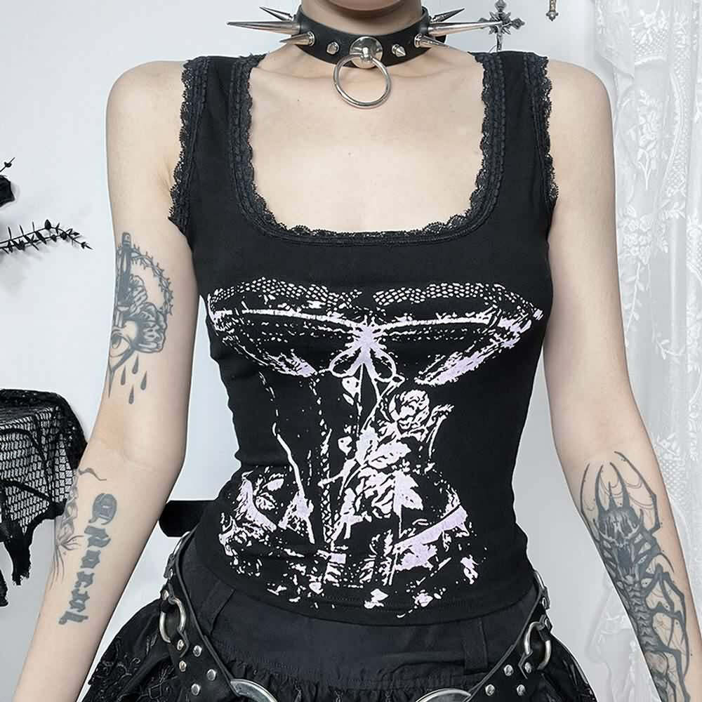 Gothic Punk Lace Trim Tank Top - Y2K Grunge, 90s Fashion, Retro Summer Outfits, Pastel Goth Style