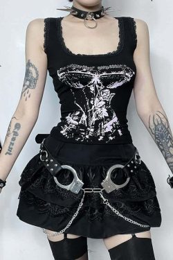 Gothic Punk Lace Trim Tank Top - Y2K Grunge, 90s Fashion, Retro Summer Outfits, Pastel Goth Style
