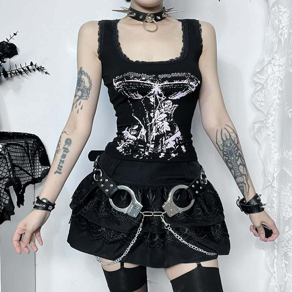 Gothic Punk Lace Trim Tank Top - Y2K Grunge, 90s Fashion, Retro Summer Outfits, Pastel Goth Style
