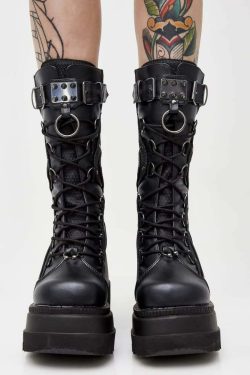 Gothic Punk Mid Calf Platform Wedge Boots - Y2K Grunge, 90s Retro, Summer & Party Outfits