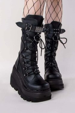 Gothic Punk Mid Calf Platform Wedge Boots - Y2K Grunge, 90s Retro, Summer & Party Outfits
