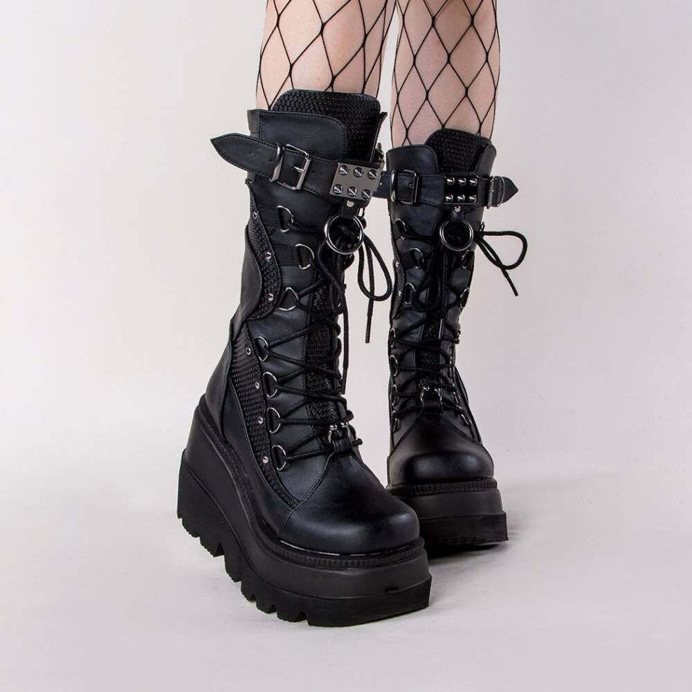 Gothic Punk Mid Calf Platform Wedge Boots - Y2K Grunge, 90s Retro, Summer & Party Outfits