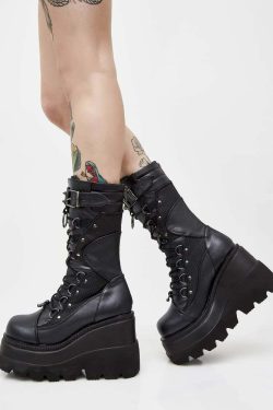 Gothic Punk Mid Calf Platform Wedge Boots - Y2K Grunge, 90s Retro, Summer & Party Outfits