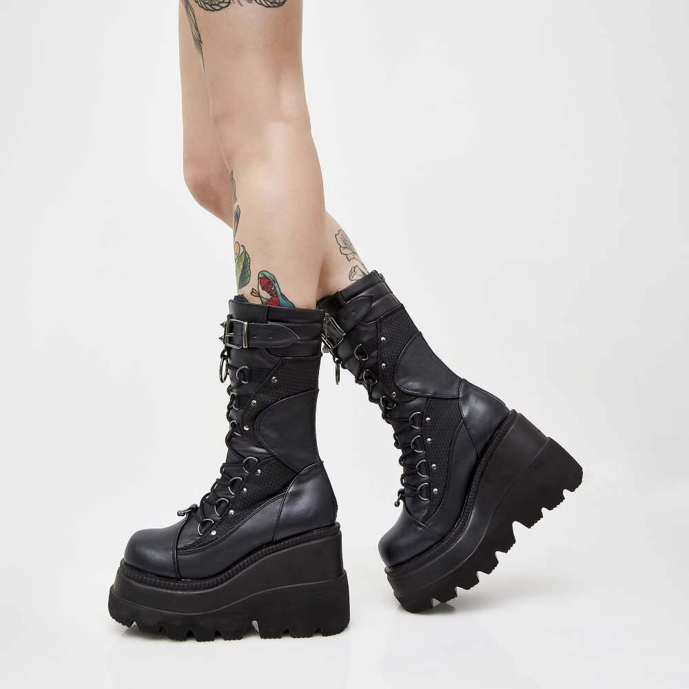 Gothic Punk Mid Calf Platform Wedge Boots - Y2K Grunge, 90s Retro, Summer & Party Outfits
